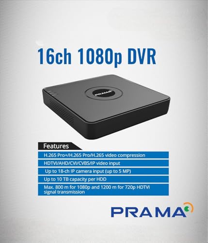 Image of PRAMA 16 Channel H.265 2 MP DVR [PT-DR1A16G-K1] for Upto 2MP CCTV Cameras, Up to 10 TB Capacity per HDD,Max. 800 m for 1080p and 1200 m for 720p HDTVI Signal Transmission.