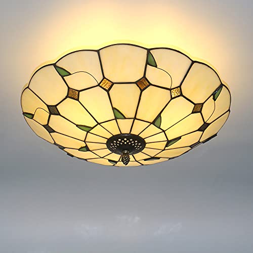 Skyweel 16 Inch Vintage Leaf Tiffany Style Ceiling Light Stained Glass Ceiling Lamp Flush Mount Ceiling Lighting Fixtures Lamps (40CM Leaf B)
