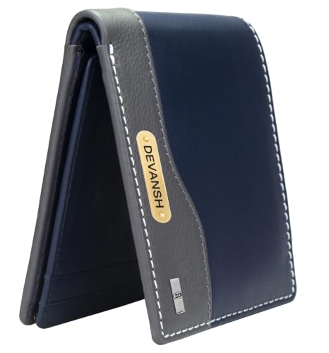 Image of HORNBULL Men's Personalized Wallet I Customized Slim Stylish Leather Purse with Name I Unique Birthday Gift for Men Boy Love Husband (Navy /Gry)