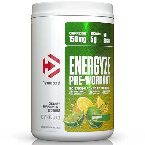 Image of Dymatize Energyze Pre Workout Powder for Men and Women, Lemon Lime Flavor, 150mg Caffeine, 5g BCAAs, Performance Blend of L-Theanine, L-Tyrosine, L-Citrulline, No Sugar, 30 Servings