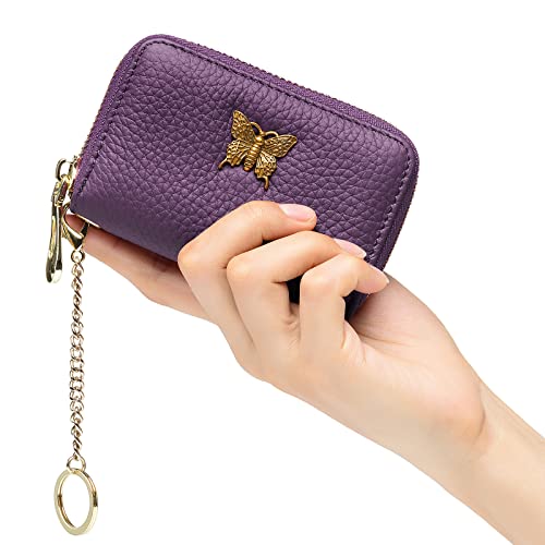 Image of imeetu RFID Credit Card Holder for Women, Business Card Wallet, Purple, Small, Credit Card Case Wallet | Genuine Leather Card Case Wallet with Zipper and Removable Keychain, 12 Card Slots & 2 Cash Pockets, Daily, Travel, Gifts