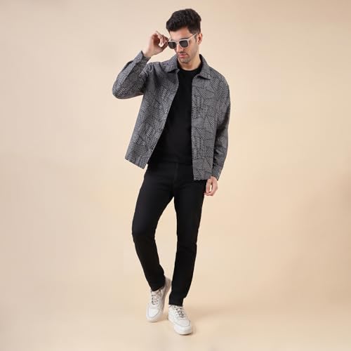 Image of Urban Scottish Men's Oversized Shacket,Cotton Jacquard, Long Sleeve Button Down Collared Shirt, Long Fit, Stylish Casual Outerwear, Jacket for Men - Black & Grey