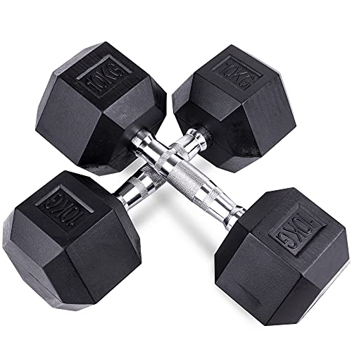unycos - Mancuerna Hexagonal, Ergonómica y con Empuñadura Cromada - Revestimiento de Goma - Fitness y Gimnasio en Casa, Pesa Corta para Entrenamiento Funcional | Cross-Training ((2 Unidades x 10 Kg)) Cover