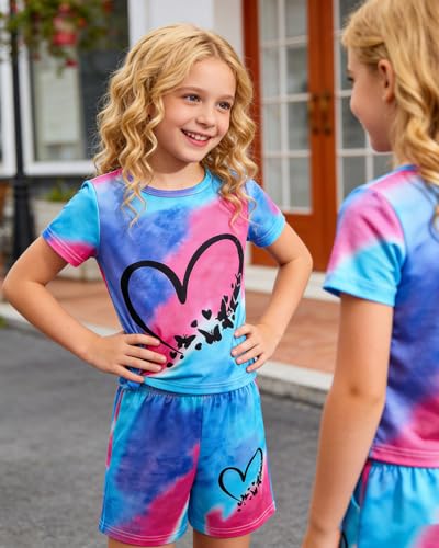 Image of Kids Girl Clothes Tie Dye Heart Print Short Sleeve Top and Shorts Toddler Girl Summer Outfits Short Set