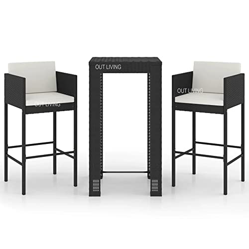 Image of OUTLIVING Rattan Wicker Outdoor Bar Patio Table with 2 Cushion Chairs Set for Home Graden Balcony 2 Seater Bar Patio Furniture (Black)