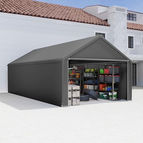 Aufun Carport Zeltgarage 4x8m, Wasserdichtes Lagerzelt mit PE-Dach, Reißenresistenter Garagenzelt mit abnehmbaren Seitenwänden, UV-beständig Winterfest Unterstand für Auto, SUV, LKW, Boot, Grau