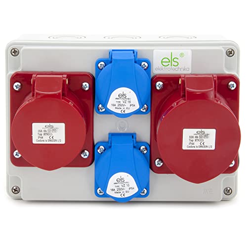 ELS Elektrotechnika Stromverteiler Wandverteiler 2x230V Schuko + 1x CEE 32A + 1x CEE 16A, Baustromverteiler für Innen/Außen, Werkstätten und Fabriken Cover