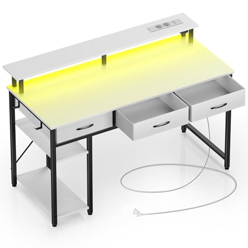 Rolanstar Schreibtisch mit Schubladen, Computertisch mit Steckdosen & LED, Gaming Tisch mit...