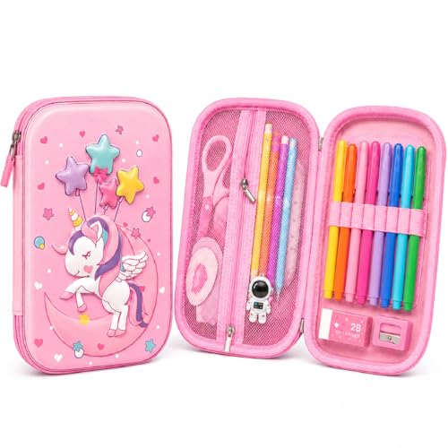 Image of Goyal's Unicorn 3D EVA Hard Shell Pencil Pouch for Girls, Double Layer Geometry Box & Pencil Case, Large Capacity Waterproof Stationery Organizer with Zipper for Kids School Students