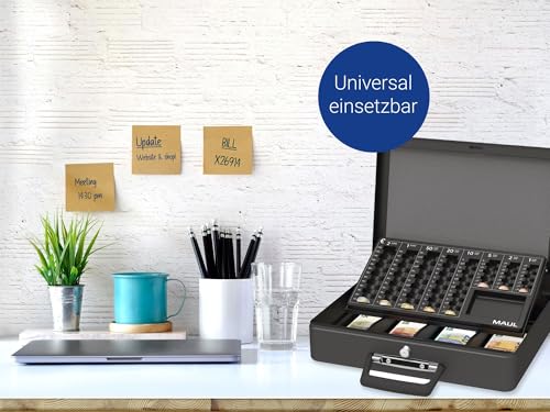 MAUL Geldkassette mit Münzzählbrett aus Stahl | 37 x 29 x 12 cm | Geldkassette abschließbar | Entnehmbares Scheinfach | Tragbare Kasse mit 2 Schlüsseln | Ideal als Registrierkasse | Schwarz
