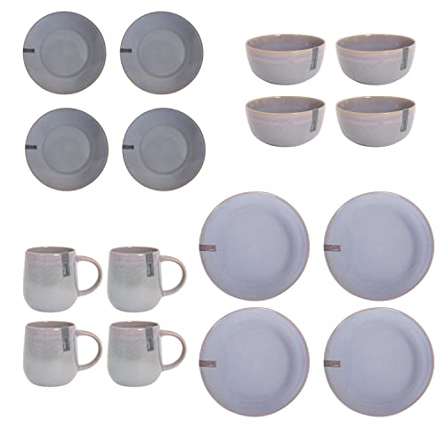 YöL Full Dinner Set 16pcs Reactive Glaze Stoneware Blue Green Grey Dinnerware Dinner Plates Bowls Mugs Side Plates Snacks Cereal Home Kitchen