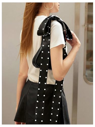 MakeMeChic Women's Faux Leather Bow Knot Shoulder Handbags Studded Y2k Crescent Clutch Bag3