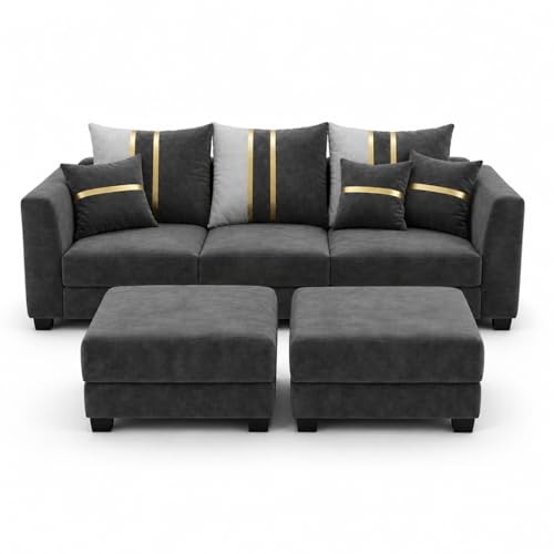 Image of Vero 5 Seater L Shape Sofa Set with 2 Movable Ottomans | Flexible Layout | Luxury Velvet Suede Fabric | Modern Living Room Sofa | Dark Grey