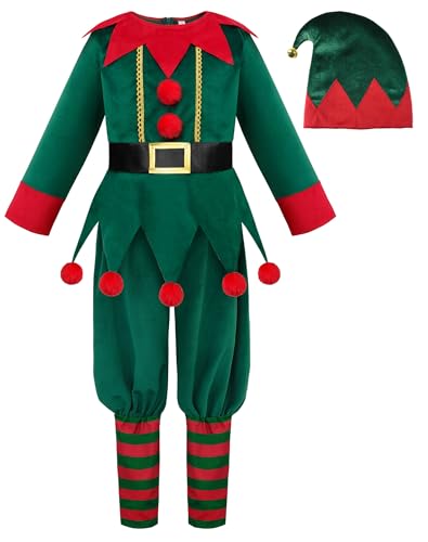 ReliBeauty Disfraz Elfo Niño Navidad 3 a 12 años, Gorro con Campanas, Disfraz Duende Navidad Set 3 Pcs Fiestas,120