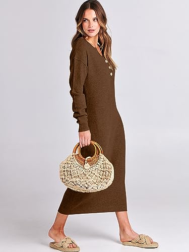Image of ANRABESS Women Long Sleeve Button V Neck Oversized Casual Loose Fit Waffle Knit Fall Midi Sweater Dress 2026 Trendy Outfits