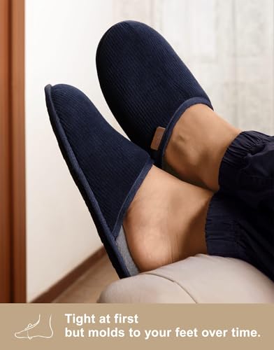 Image of VeraCosy Men's Corduroy Scuff Slippers Soft Comfy Memory Foam Non-slip Indoor House Shoes Navy Blue, 7-8 US
