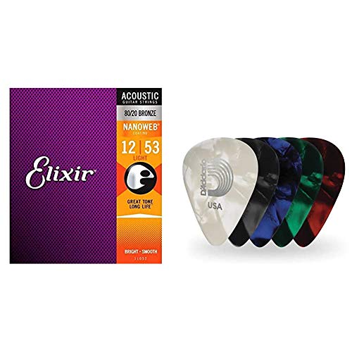 Elixir Strings 80/20 Bronze Acoustic Guitar Strings w NANOWEB Coating, Light (.012-.053) & D'Addario Assorted Pearl Celluloid Guitar Picks, 10 Pack, Medium