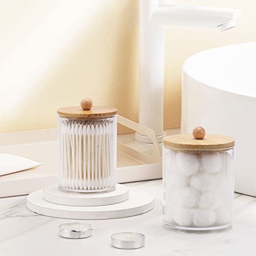 Image of Tbestmax 4 Pack Qtip Holder Dispenser Cotton Ball, Cotton Swab, Floss - 12oz, 10 oz Clear Plastic Apothecary Jars for Bathroom Organizer and Storage Containers (Bamboo Lids)