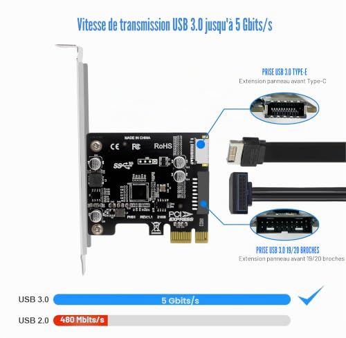MZHOU Carte d'Extension PCIe x1 vers Connecteur USB-C Interne Type-E et 19 Broche,Carte PCIe USB 3.2 Gen 1(5 Gbps) Compatible Windows & Linux-Puce VL805 – vue 3