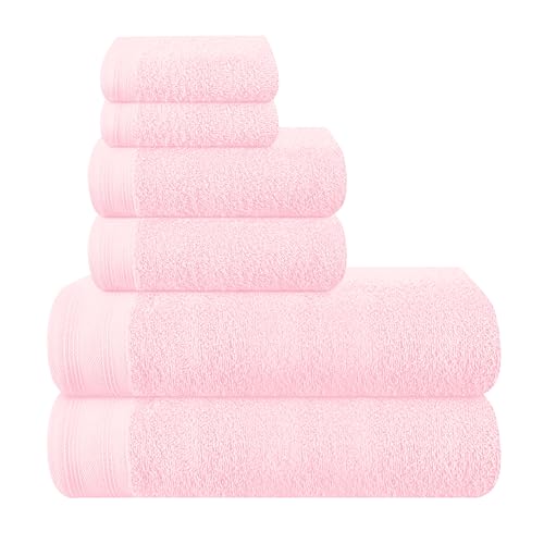 MALLONI HOME Ultra Soft 6 Pack Cotton Towel Set, Contains 2 Bath Towels 28x55 inch, 2 Hand Towels 16x24 inch & 2 Wash Coths 12x12 inch, Ideal Everyday use, Compact & Lightweight - Pink