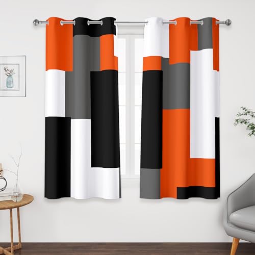 Tyrot Orange 100% Blackout Curtains 45 inch Length 2 Panels Set White Grey Modern Abstract Geometric Drapes for Kitchen Black Out Curtains Insulated Room Darkening Small Window Curtains, 42W