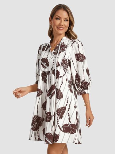 Image of EZAPINE Women Floral Babydoll Mini Dress V Neck 3 /4 Puff Sleeves A Line Flowy Swing Summer Sun Dresses
