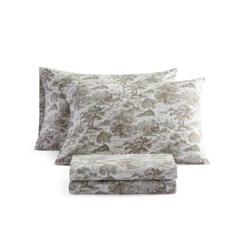 Image of Martha Stewart - Twin Sheet Set with Fitted Sheet & Pillowcase, Cotton Percale Bedding with a Smooth Feel, Deep Pocket, Amelie Toile Brown