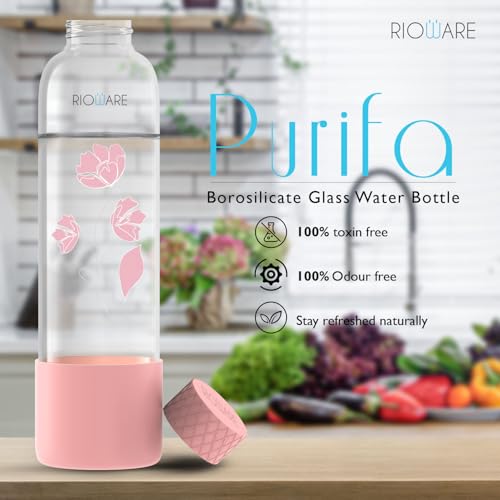 Image of Rioware Purifa Pro Borosilicate Glass Water Bottle With Silicon Sleeve (750Ml) | Airtight Lid | Leak Proof | Silicon Cap | Fridge Water Bottles For Home, Office & Gym -Pack Of 04, Pink&Green