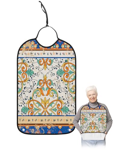 LEOKOTI Blue Yellow Orange Teal Adult Bibs for Eating, Waterproof Bibs with Food Catcher & Adjustable Snap Closure, Retro Boho Modern Geometric Washable Clothing Protectors Adult Bibs for Elderly