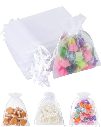HUVZOR Bolsa de organza blanca para boda, 10 x 15 cm, 50 unidades, con cordón, para jardín, para dulces, joyas y regalos de boda.