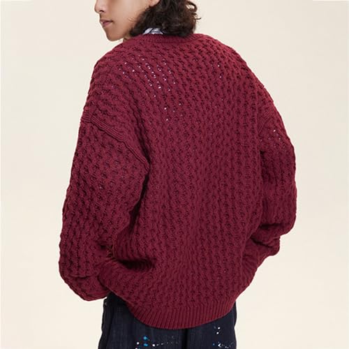 Pull tricoté pour hommes col rond rouge L à texture gaufrée premium