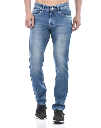 Image of Numero Uno Men Solid Blue Denim Tapered Fit Jeans