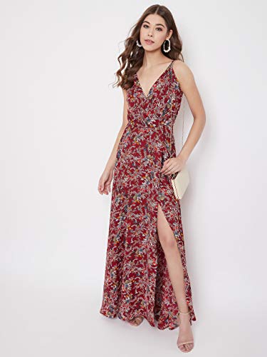 Image of Berrylush Red Solid V Neck Maxi Dress