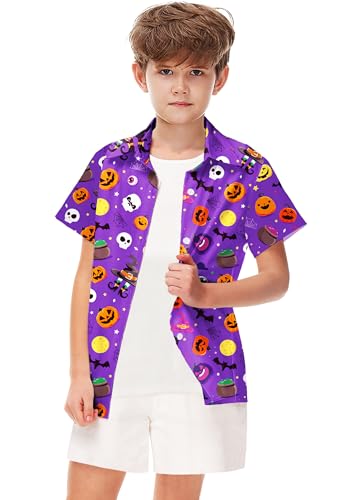 Image of Remimi Unisex Kids Halloween Shirt Boys Pumpkin Ghost Shirts Hawaii Button Up Tops 5-14 Years