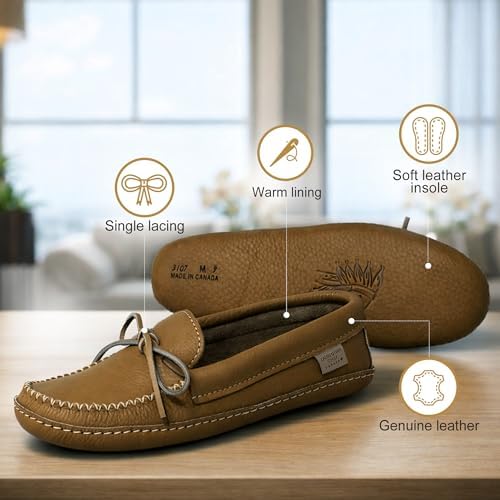 Image of Moccasin Slippers for Men, Leather House Moccasins, Made in Canada, Indoor