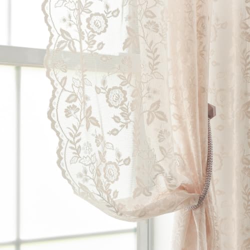 FINECITY Blush Lace Curtains for Girls Bedroom Rustic Floral 2 * 52x63 Inch