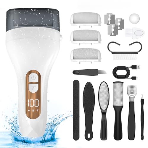 Hoxida Removedor Eléctrico de Callos para Pies, Kit de Pedicura Portátil con 3 Cabezales de Molienda de Cristales de Cuarzo, 2 Velocidades, Recargable, IPX7 Impermeable, Bloqueo de Seguridad