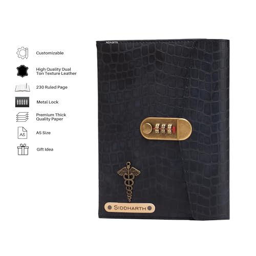Image of AICA Personalized Name & Charm Leather Lock (Black) Diary � A5 Size 230 Pages with Combination Lock for Men & Women | Customized Planner Diaries Office Corporate Gift Items for Employee Colleagues