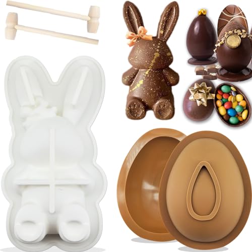 3Pcs Large Bunny Mold Easter Egg Silicone Mold for Chocolate, 3D Rabbit Bunny Easter Egg Shape...