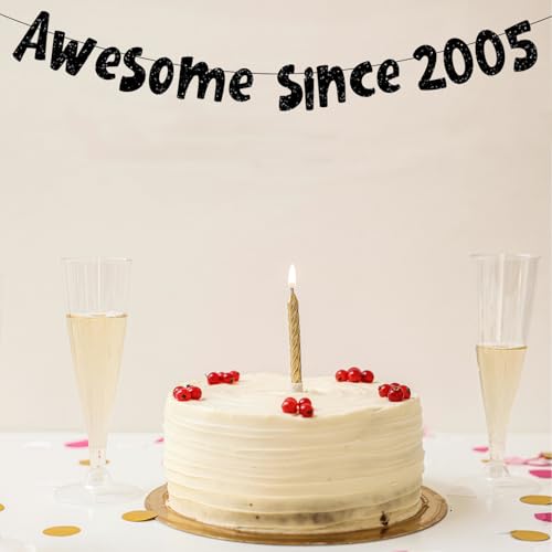 Image of Awesome Since 2005 Banner, Pre-Strung Glitter Black 20th Birthday Banner, Funny 20th Birthday Decorations for Men Women 20 Years Old, Vintage Happy 20th Birthday Party Anniversary Supplies Gifts Ideas