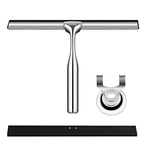 Lythor Shower Squeegee, Stainless Steel Bathroom Squeegee with Suction Hook Holder & 2