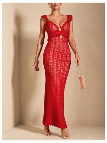 Image of SOLY HUX Women's Maxi Dress Crochet Ruffle Sleeveless Backless Bodycon Long Dresses