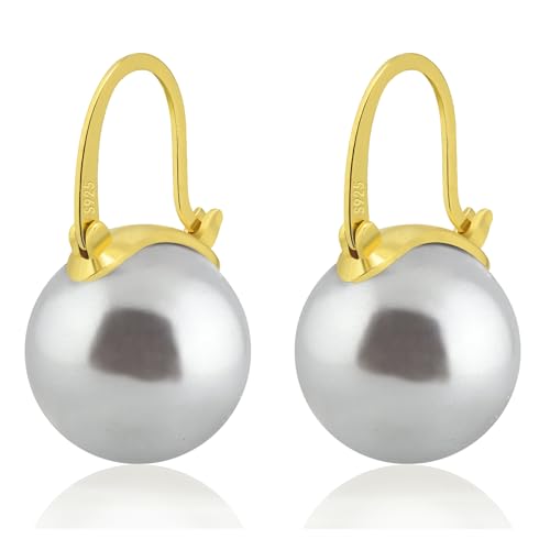 HUGE TOMATO Boucles d'oreilles pendantes en perles grises, 14 mm élégantes boucles d'oreilles en argent sterling 925 avec fermoir plaqué or 14 carats pour...