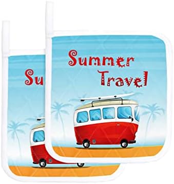 2 Pieces Pot Holders for Kitchen,Summer Travel Cartoon Bus in The Beach Pot Holder, Hot Pads, Trivet for Cooking and Baking