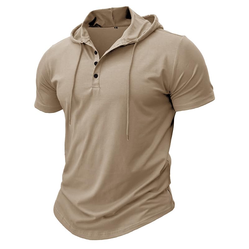 Men's Casual Short Sleeve Hoodie Pullover with Buttons and Drawstring Soft Muscle Fit Athletic Workout Top2