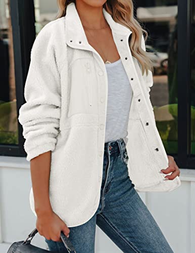 Zesica Women's Fall Winter Sherpa Fleece Jacket Casual Long Sleeve Button Down Fuzzy Shacket Outerwear Coat,White,Medium #TOP2