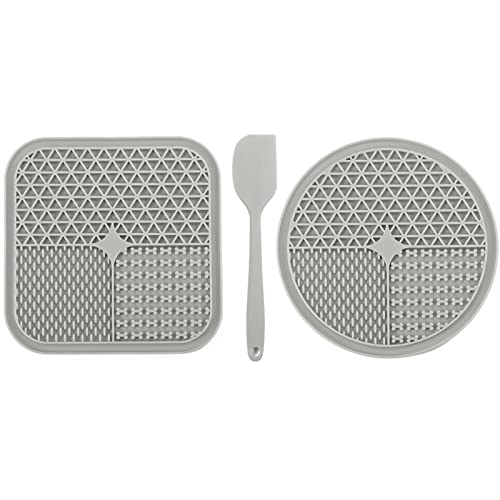 SisBroo Alfombrilla de alimentación lenta para perros, 2 piezas (1 cuadrado y 1 círculo) de silicona para lamer perros con 1 espátula, alfombrilla para lamer perros y gatos (gris)