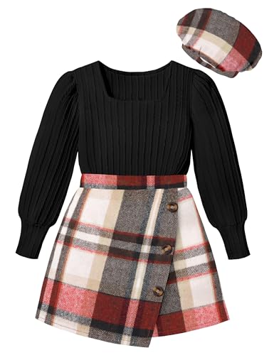 Image of AGAPENG Girl Skirt Sets 3 Piece Outfits Square Neck Jacquard Puff Sleeve Tops Plaid Mini Skirt Shorts Fall Winter Clothes