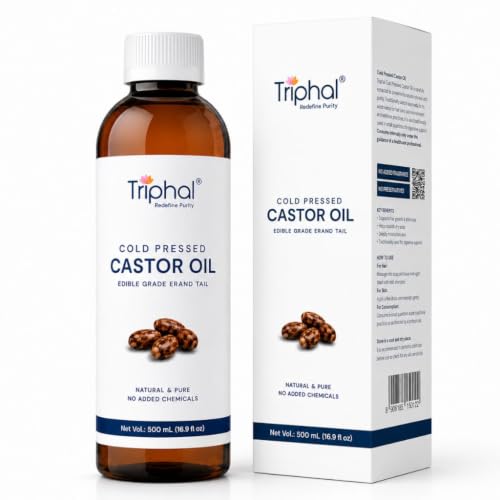 Image of TRIPHAL Cold Pressed Castor Oil - 500ml, Edible Grade, For Internal Consumption, Hair & Skin Massage, Joint Care, Paraben Free, Erand Tail /Arandi Ka Tel Mild Purgative Properties, Hexane Free
