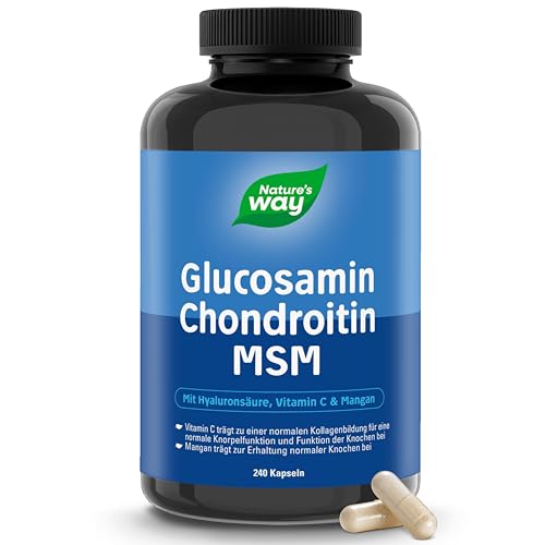 Glucosamin Chondroitin hochdosiert MSM Kapseln | 240 Stück | mit Vitamin C Hyaluronsäure & Mangan | hochdosiert für Knorpel Knochen Kollagenbildung | laborgeprüft in Deutschland | 2 Monate Vorrat